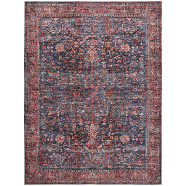 Birch Lane™ Lotte Performance Navy Blue/Brick Red Machine Washable Rug